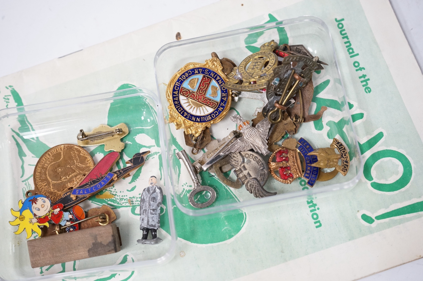 A collection of military medals, shoulder titles, whistles, etc. including; a WWI medal trio to 19698 PTE. T. Campbell. 10-CAN. INF., a miniature trio, four WWII medals; the Burma Star, the 1939-1945 Star, the Defence Me